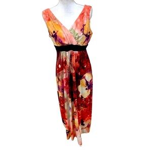 Ronni Nicole sleeveless v neck maxi dress abstract print peach/orange/purple 10p